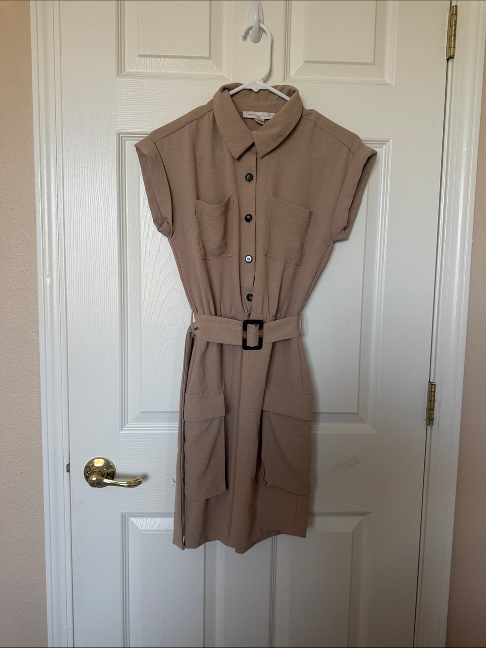 Monteau Taupe Belted Shirt Midi Dress